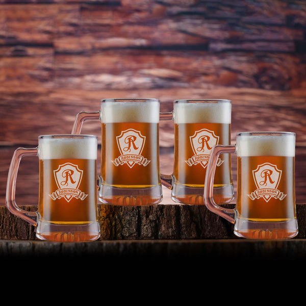 Laser Etched Personalized Beer Mug Glass Gift Set of 4