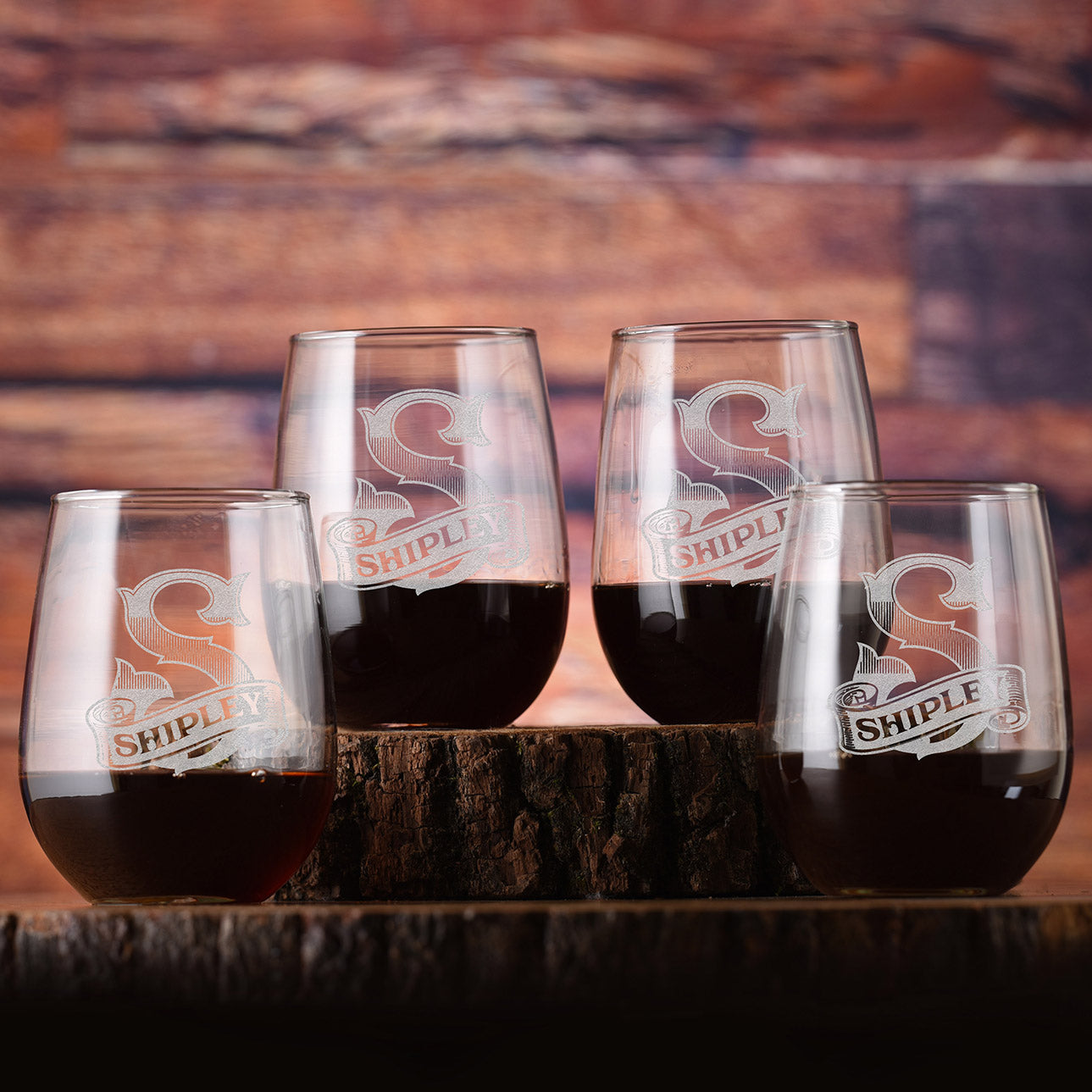 Laser Etched, Custom Monogram Stemless Wine Glass (Set of 4)