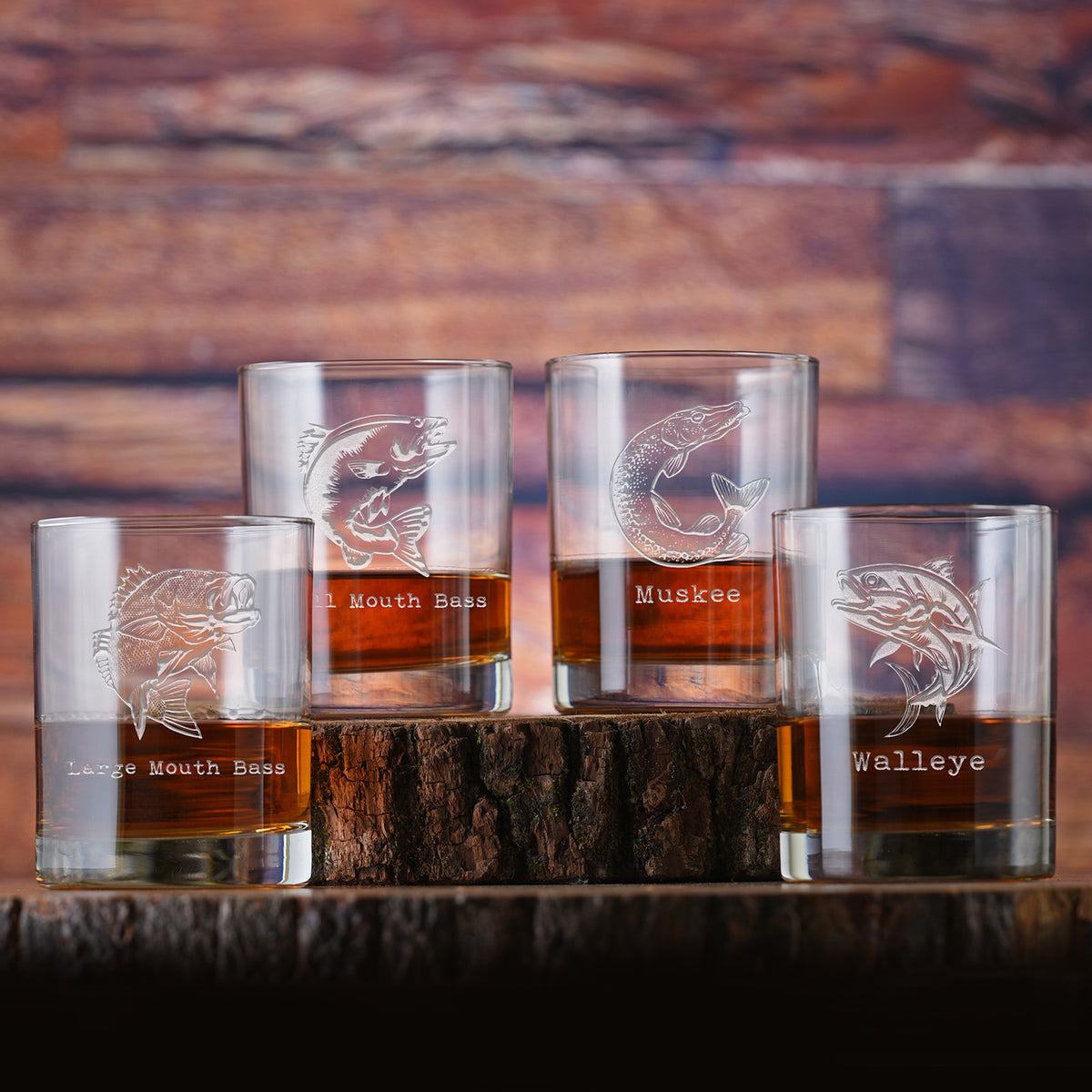 Lake Bass Fishing Whiskey Rocks, Glass Set, Engraved