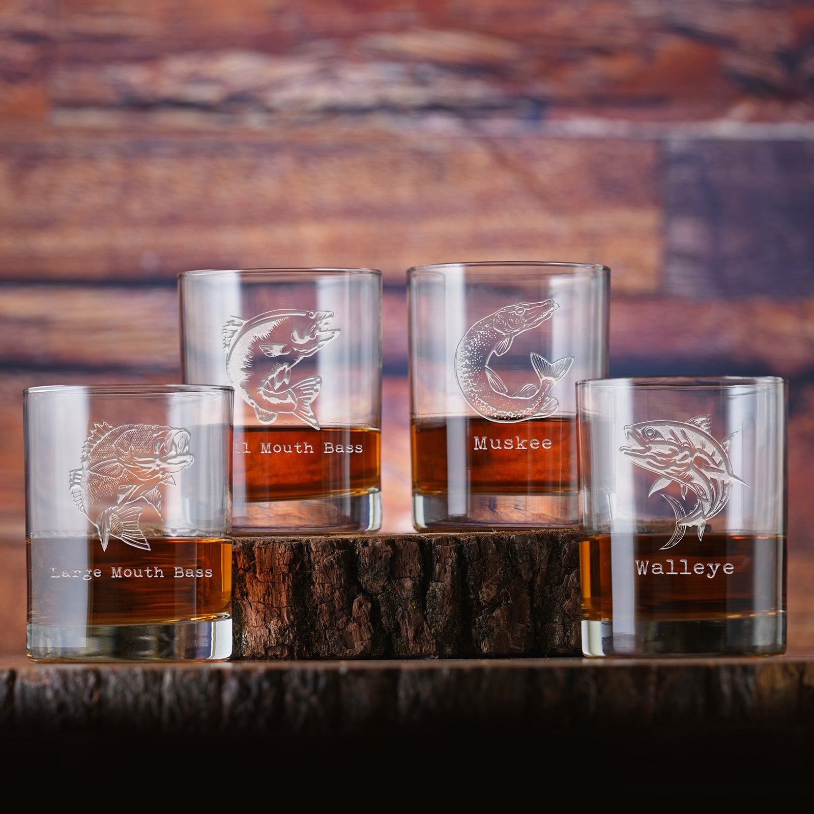 Lake Bass Fishing Whiskey Rocks, Glass Set, Engraved