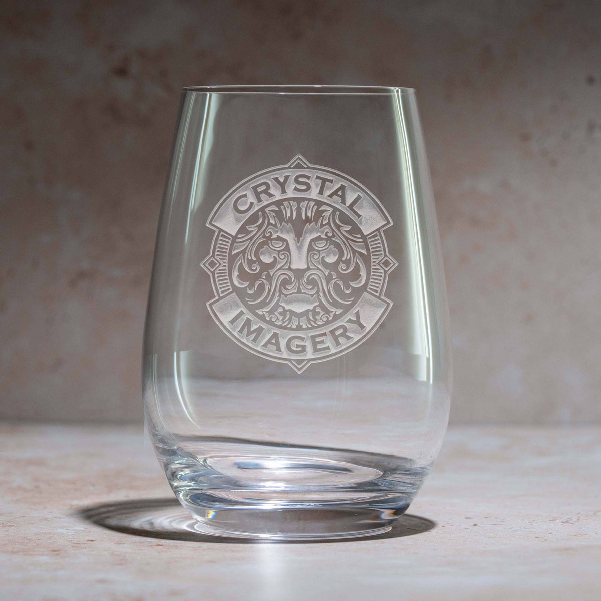 Deep Engraved, Your Logo, Crystal Stemless Wine Glass