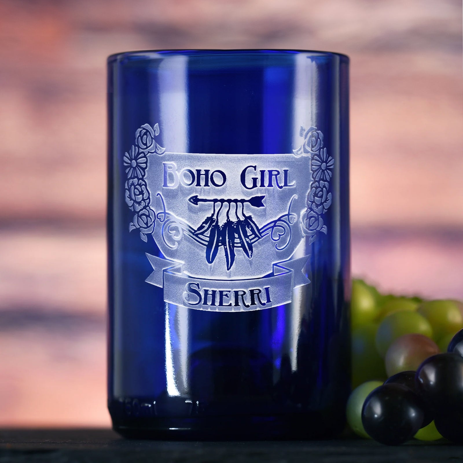 Blue Recycle Wine Bottle Glass - Boho Gypsy, Hippie Gifts