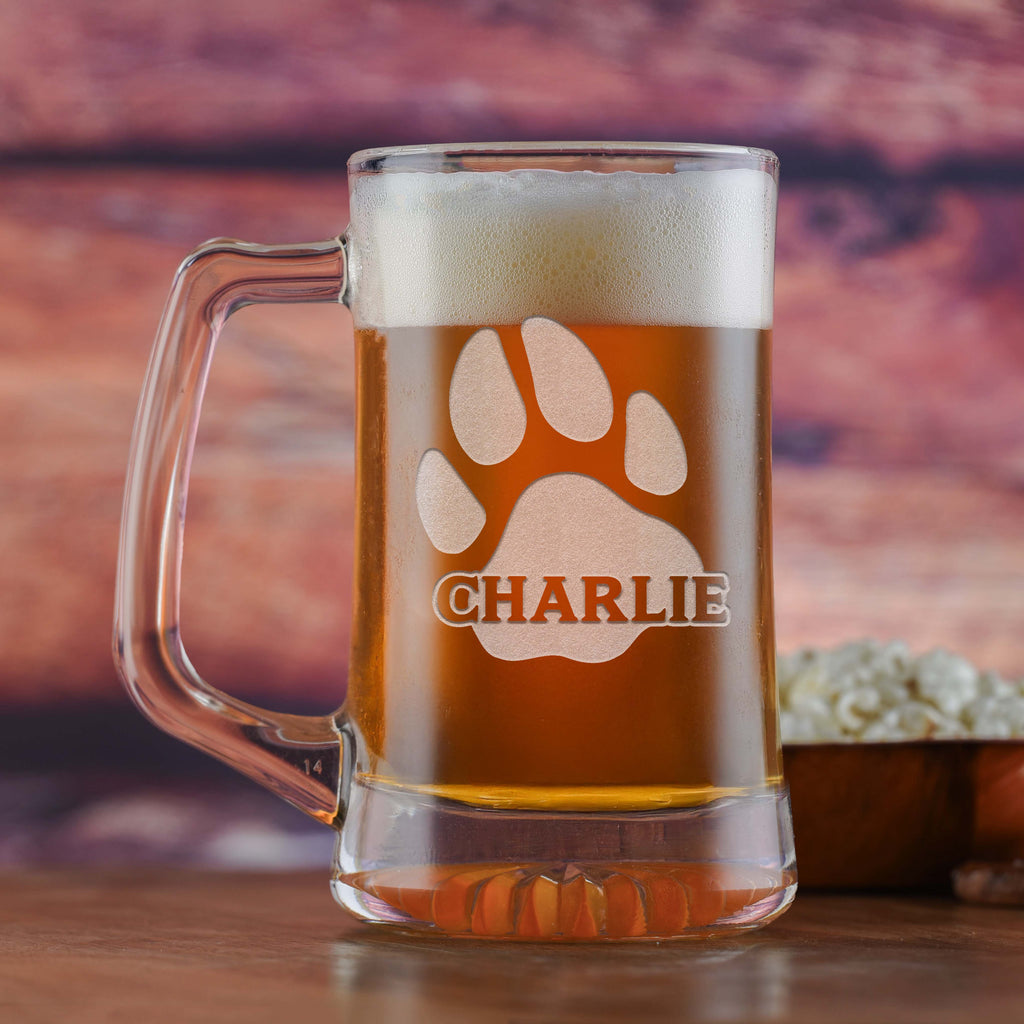 Dog's Name and Paw Print on Beer Mug, Dog Lover Gifts