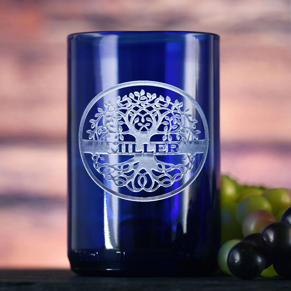 Custom Family Tree Blue Wine Bottle Glass