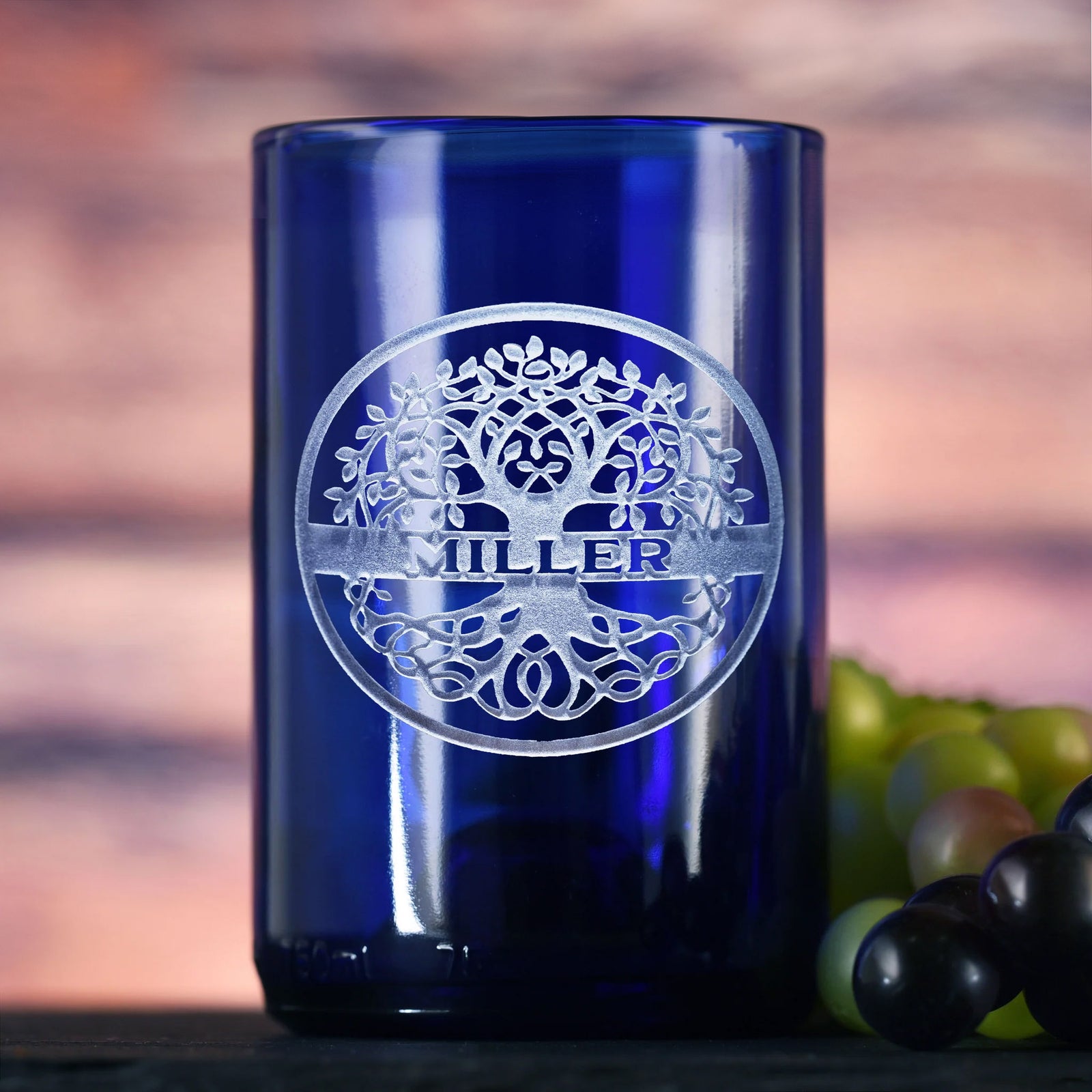 Custom Family Tree Blue Wine Bottle Glass