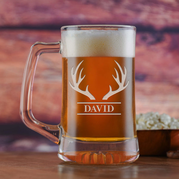 Custom Engraved Beer Mugs with Antlers and Name