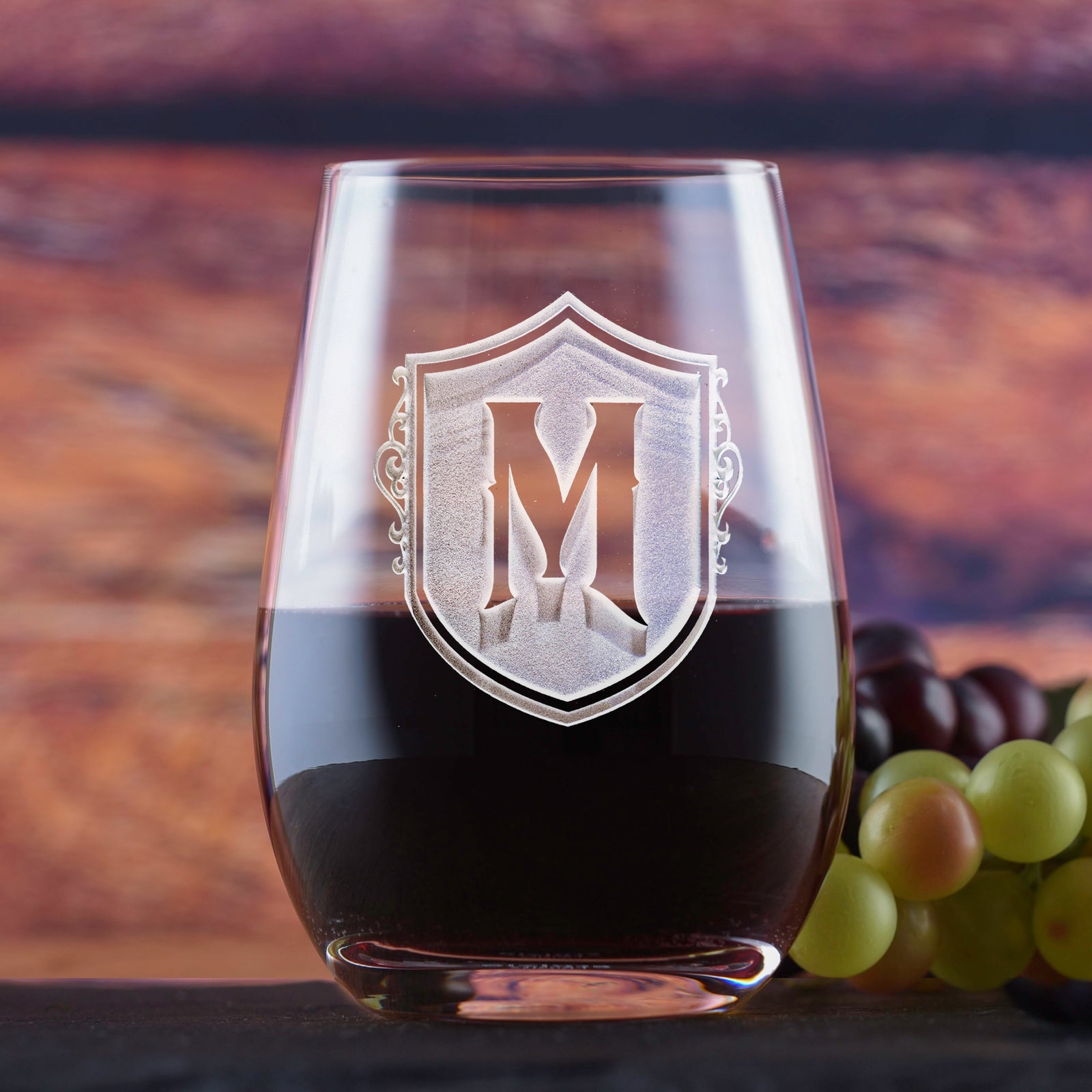 Monogrammed Shield Stemless Wine Glass Tumbler