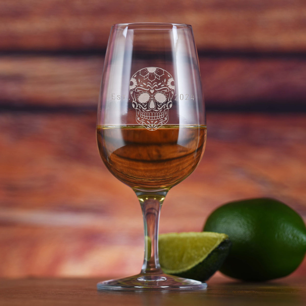 Sugar Skull, Calaveras With Date, Tequila Tasting Glass - Deep Engraved
