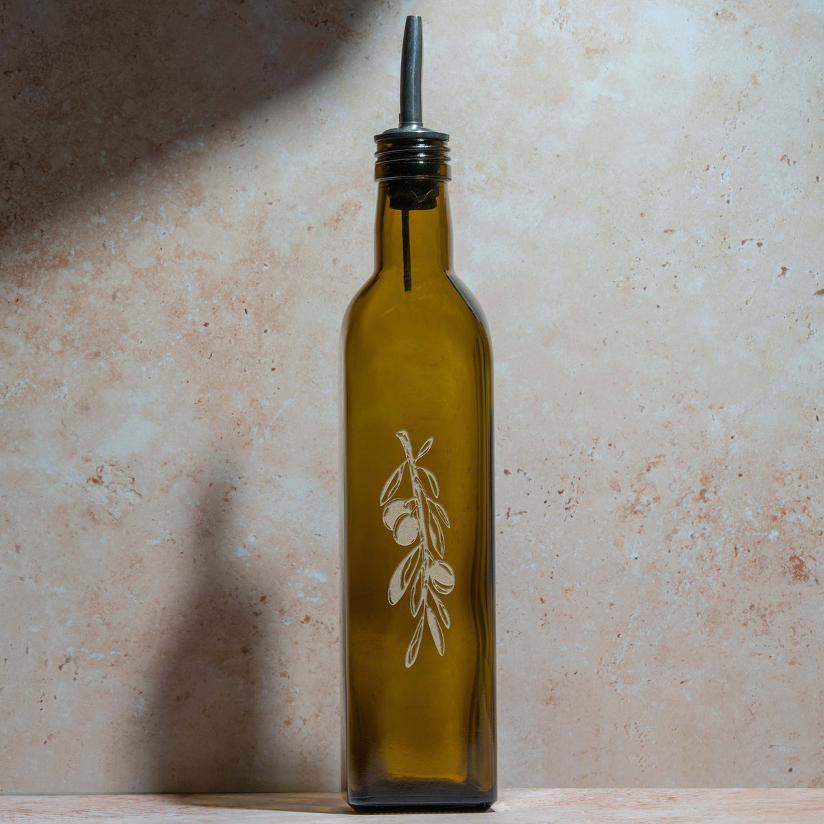 Sandcarved Olive Branch Olive Oil Bottle 500ml Antique Green Glass