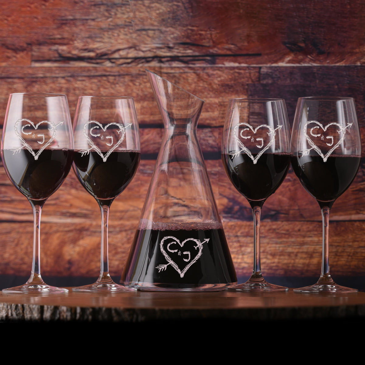 Initials in Heart, Wine Decanter &amp; Glasses, Wedding Gift