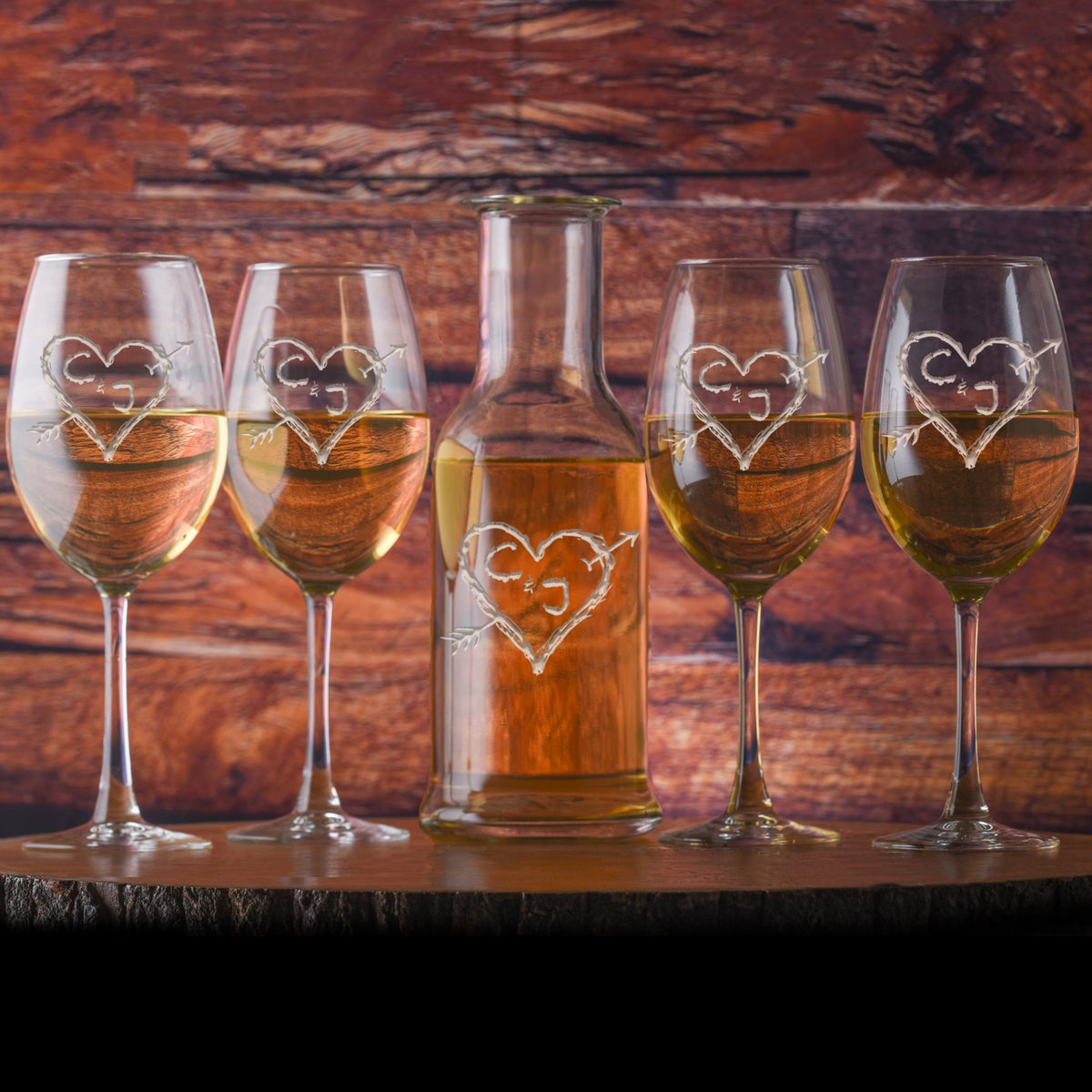 Heart &amp; Arrow with Initials Crystal Purity Wine Carafe Set - Wedding Gift