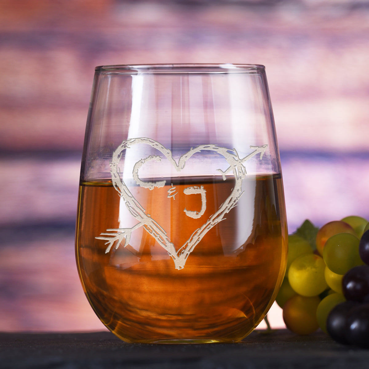 Etched Heart Initials Stemless Wine Glass