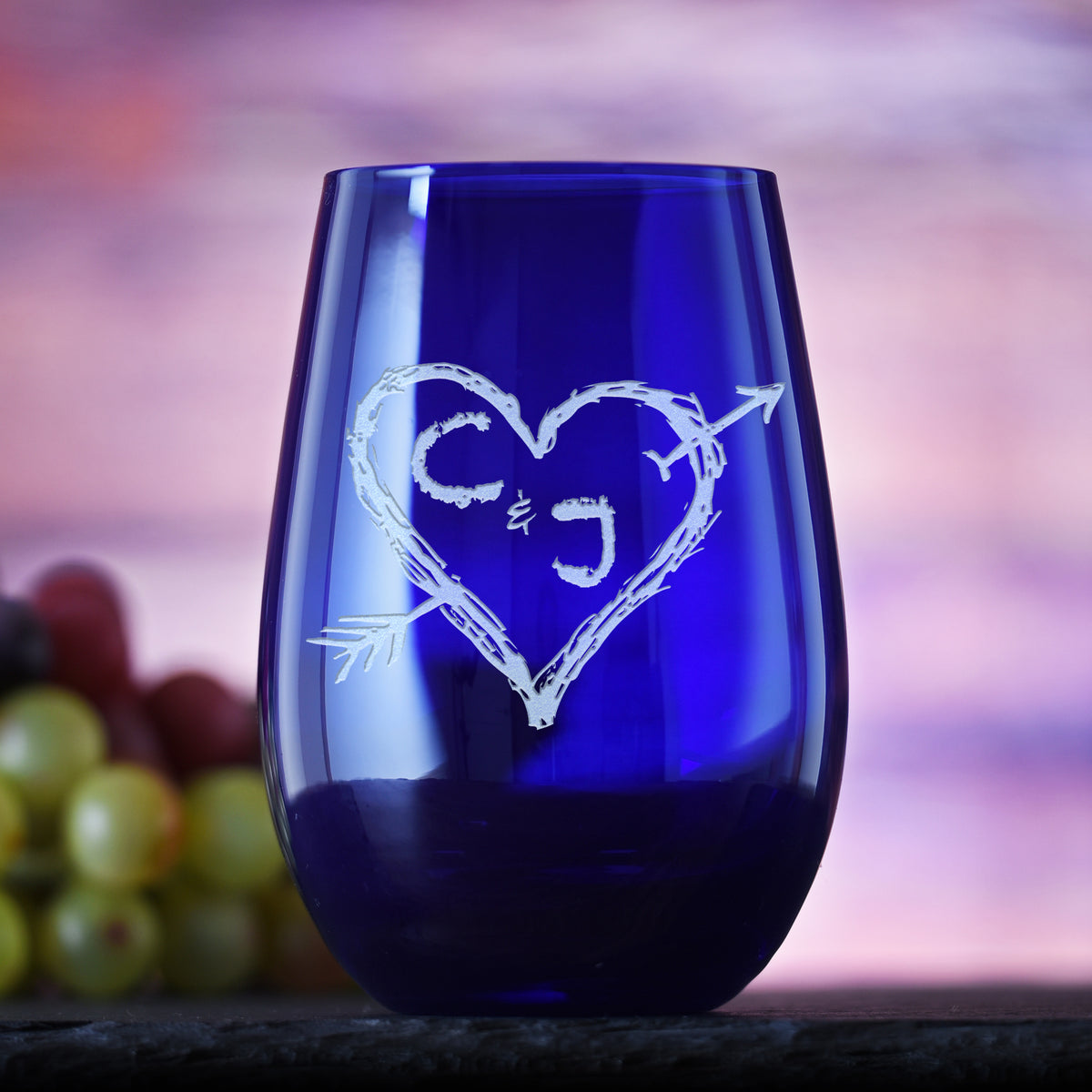 Heart &amp; Arrow Lovers, Etched, Blue Stemless Wine Glass