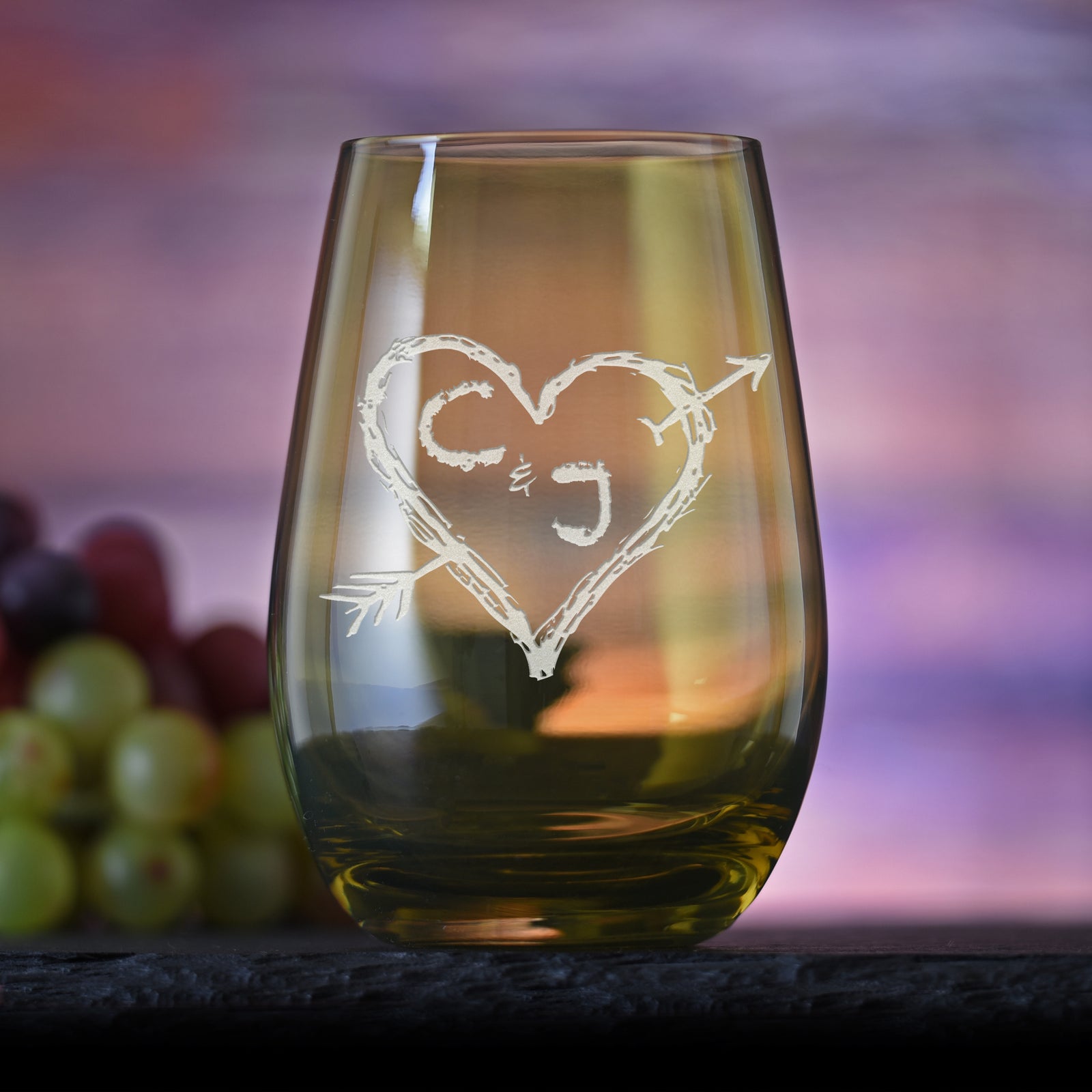 Heart & Arrow with Initials, Etched Green Stemless Wine Glass