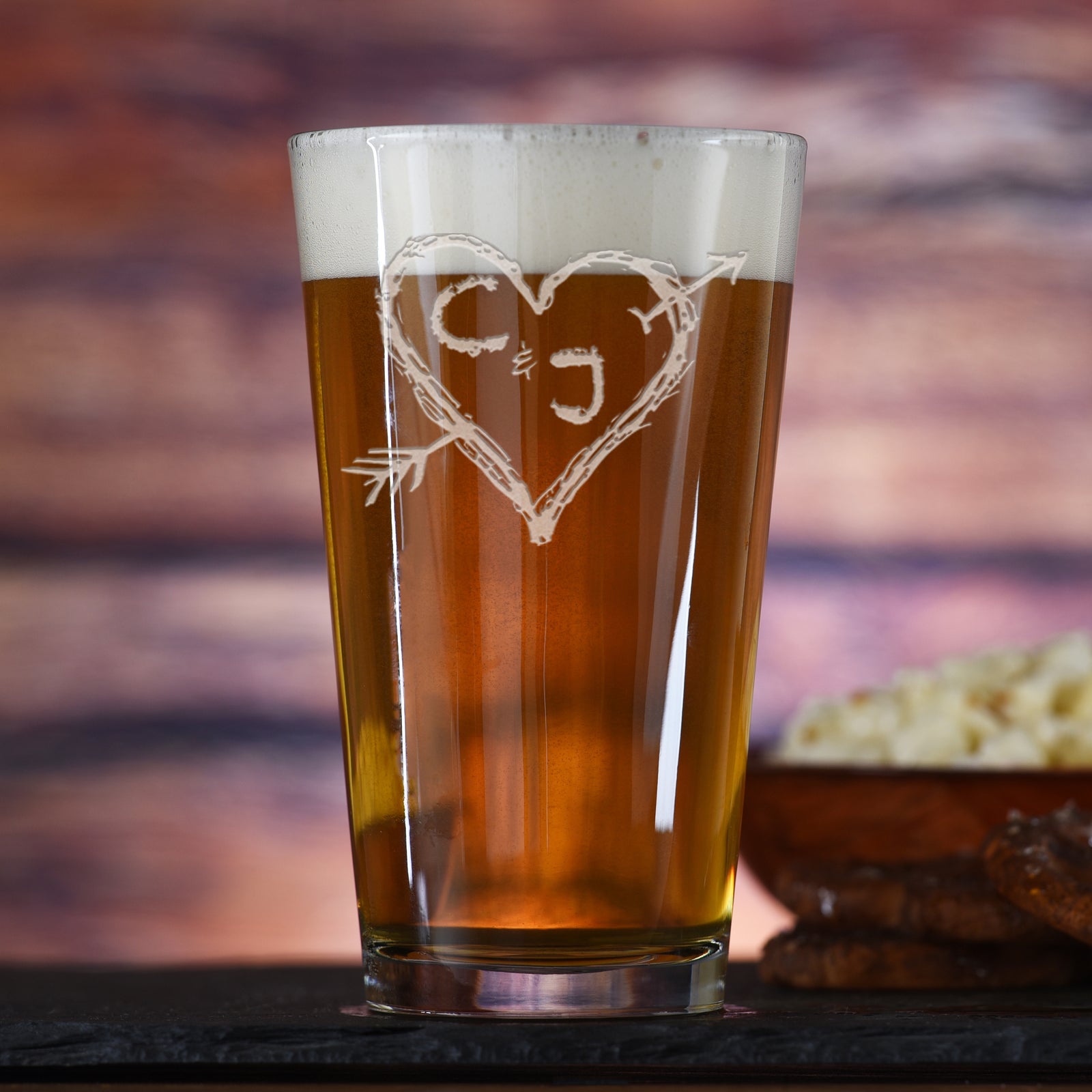 Heart & Arrow with Initials, Wedding Pub Pint Beer Glass
