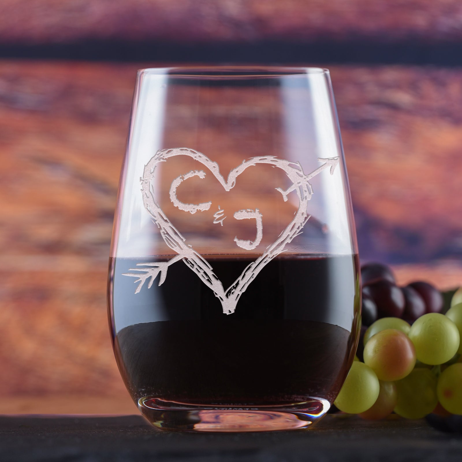 Heart & Arrow, Etched Tumbler, Stemless Wine Glass