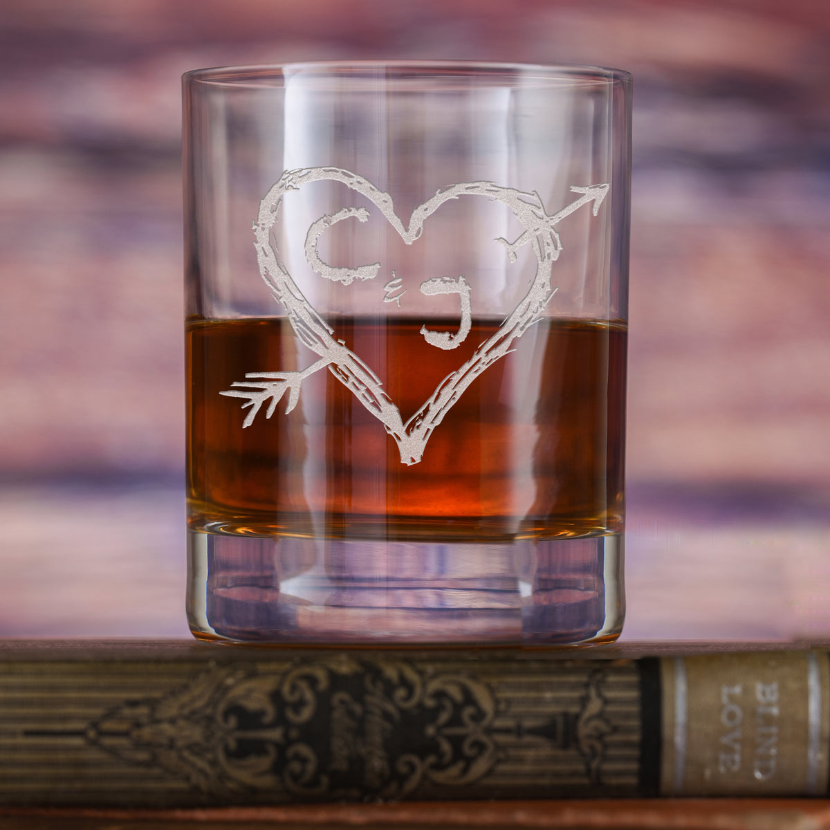 Etched Heart &amp; Arrow Wedding, Anniversary Stolzle Crystal DOF Glass