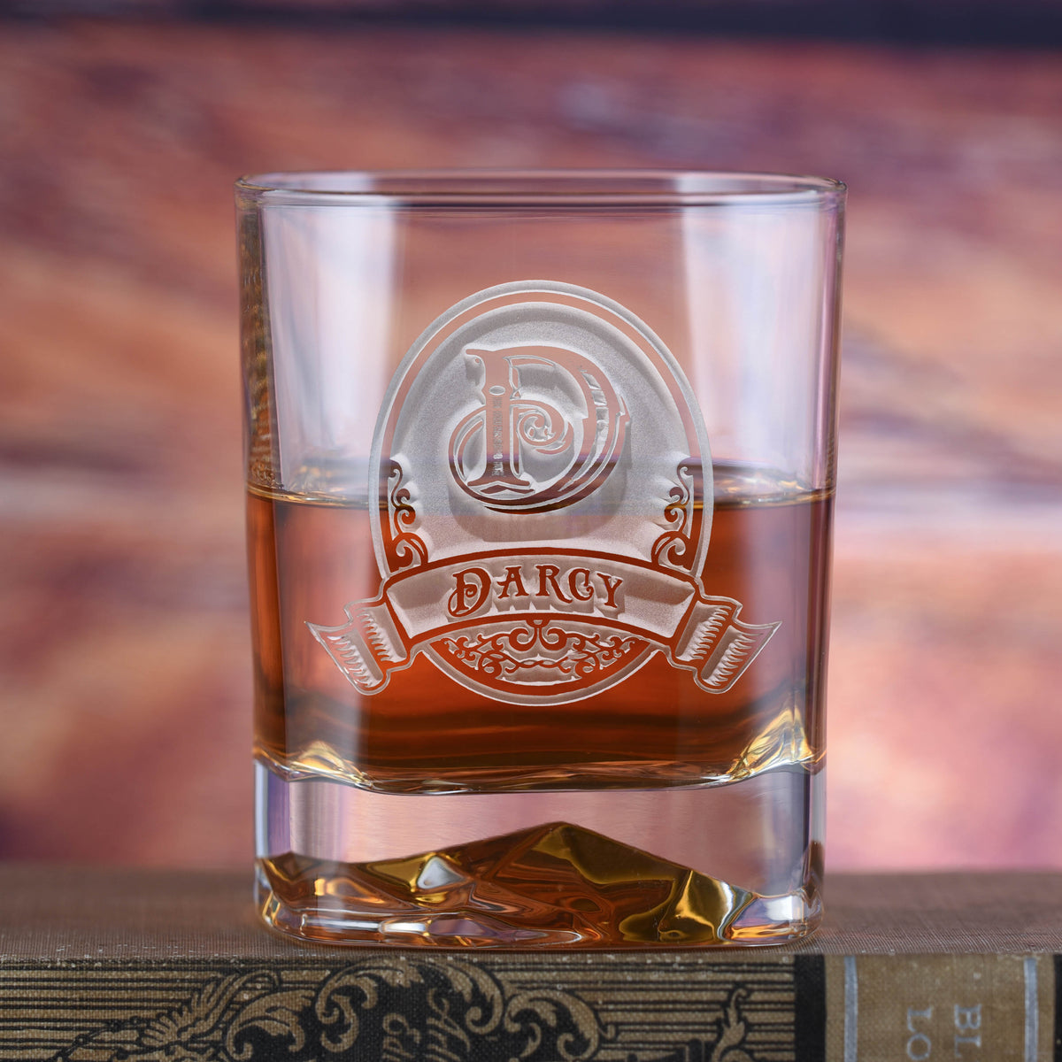 Etched Monogram Whiskey Glass Luigi Bormioli on the Rocks