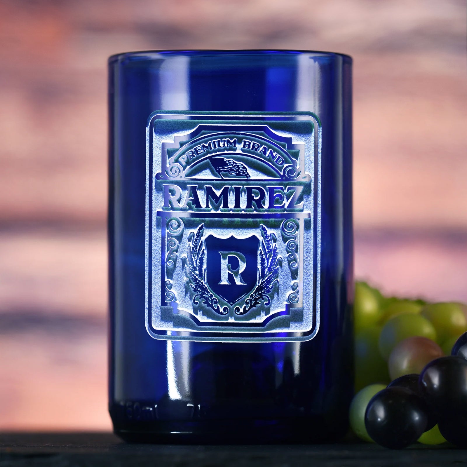 Premium Brand Label, Cobalt Blue, Recycled Wine Bottle Glass Tumbler, Engraved