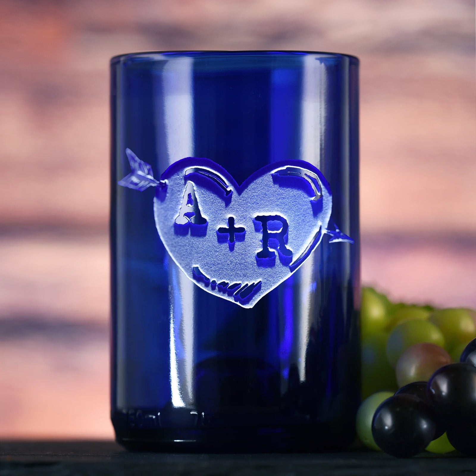 Blue Recycle Wine Bottle Glass, Engraved Heart & Arrow Tumbler