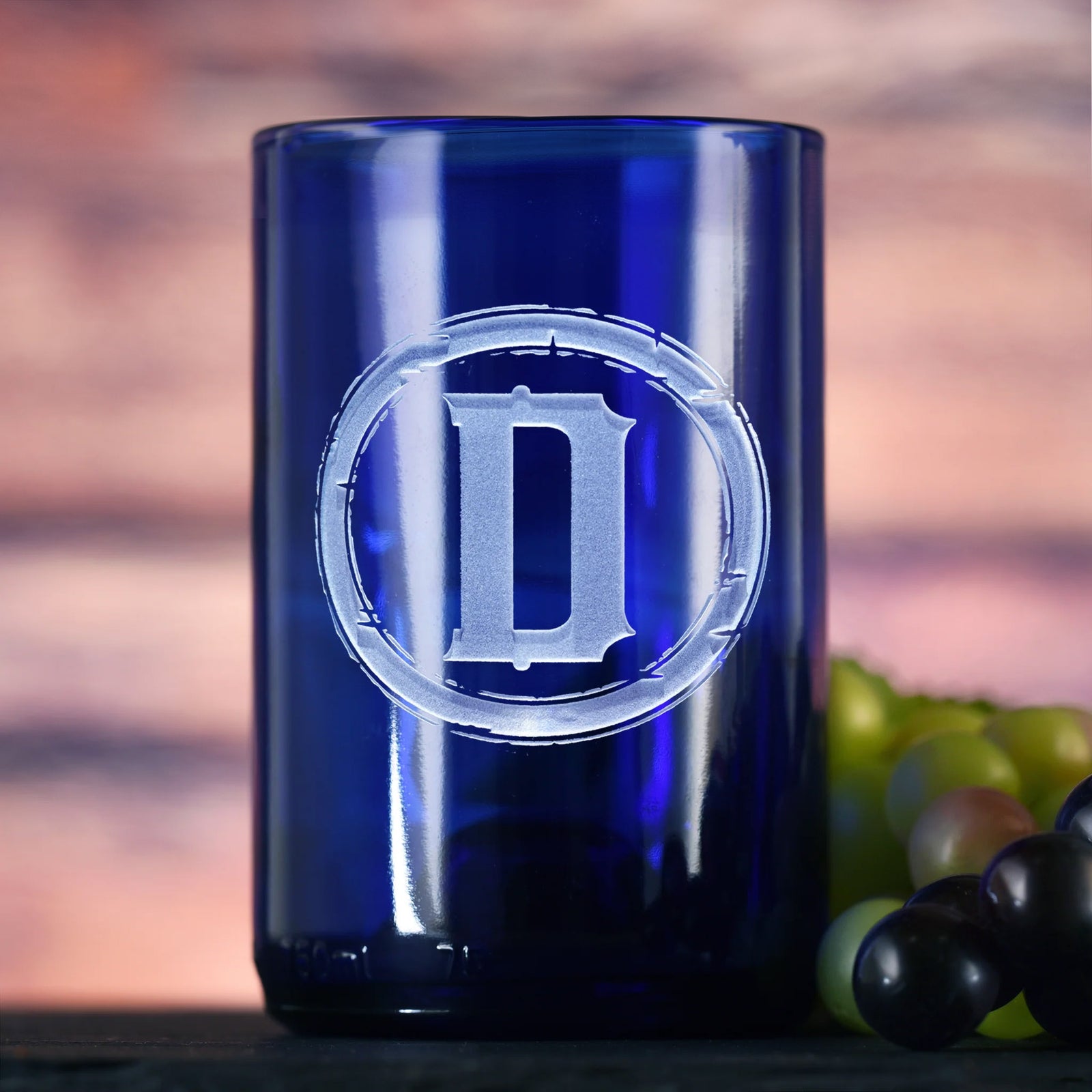 Initial in Circle, Engraved, Blue Recycled Wine Bottle Glass Tumbler