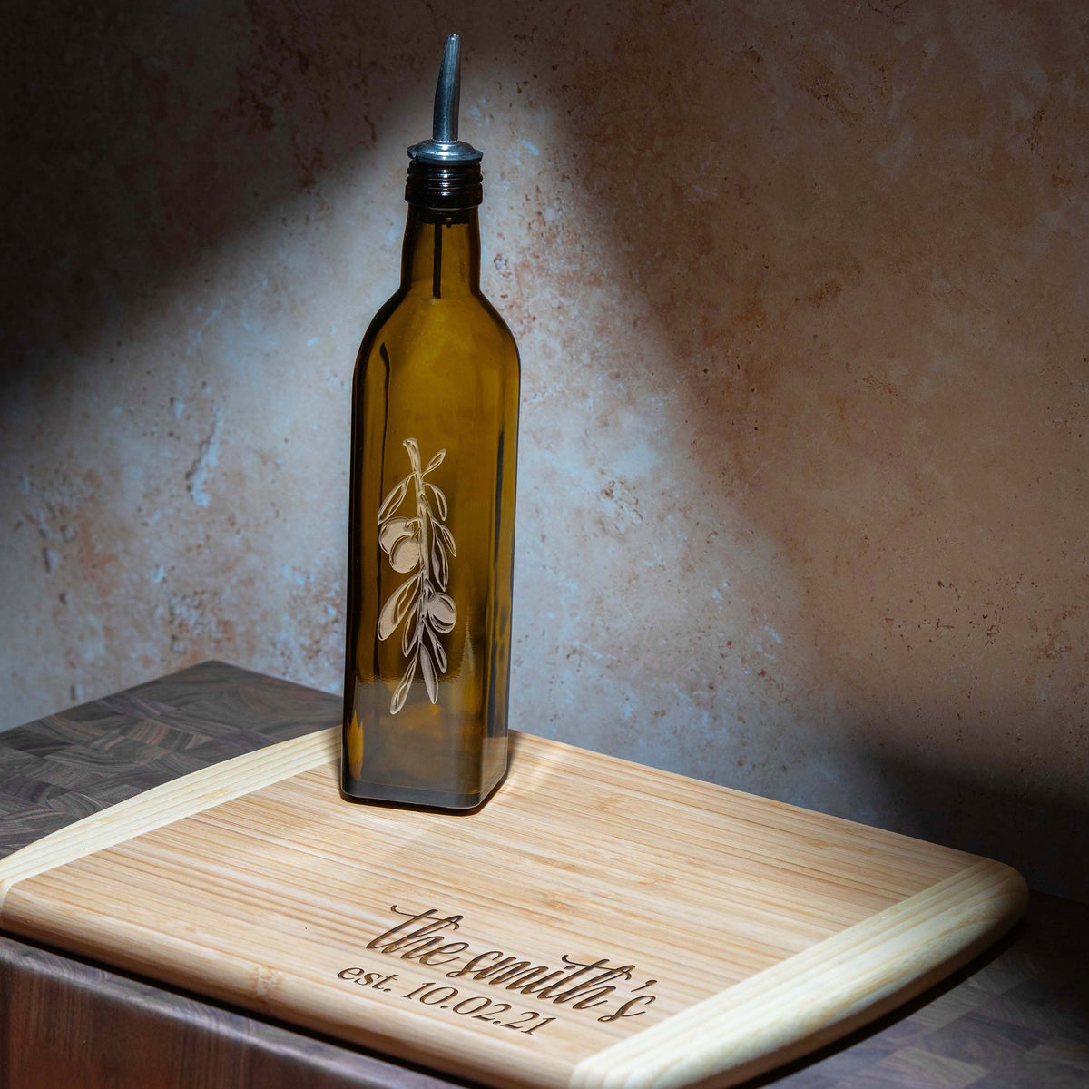 Custom Olive Oil Bottle & Personalized Cutting Board Gift Set