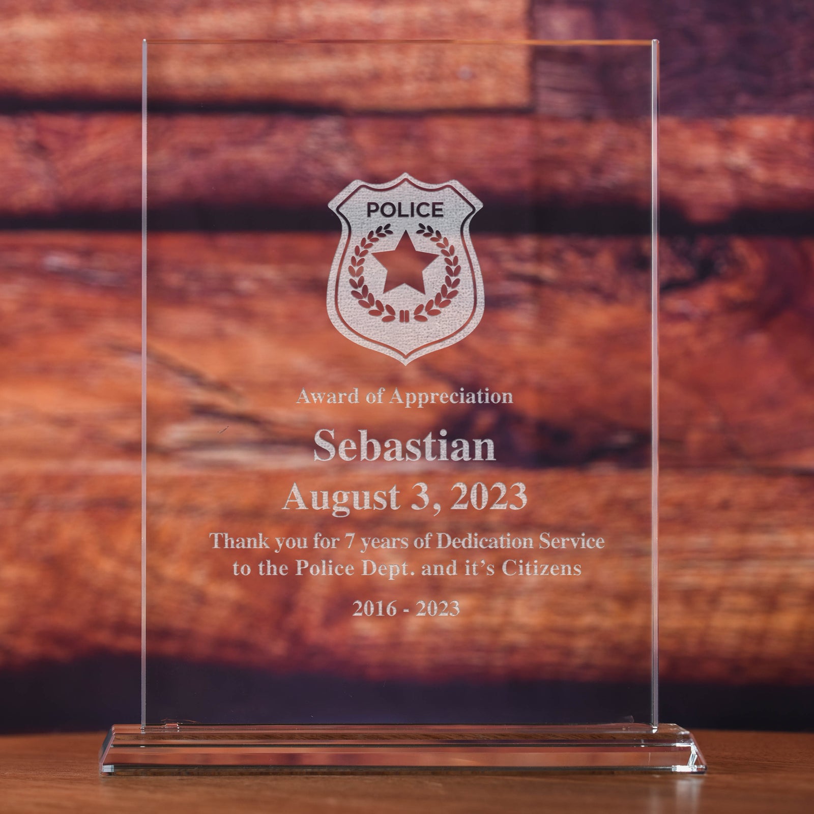 Police Officer, Engraved Glass Desktop Recognition Award