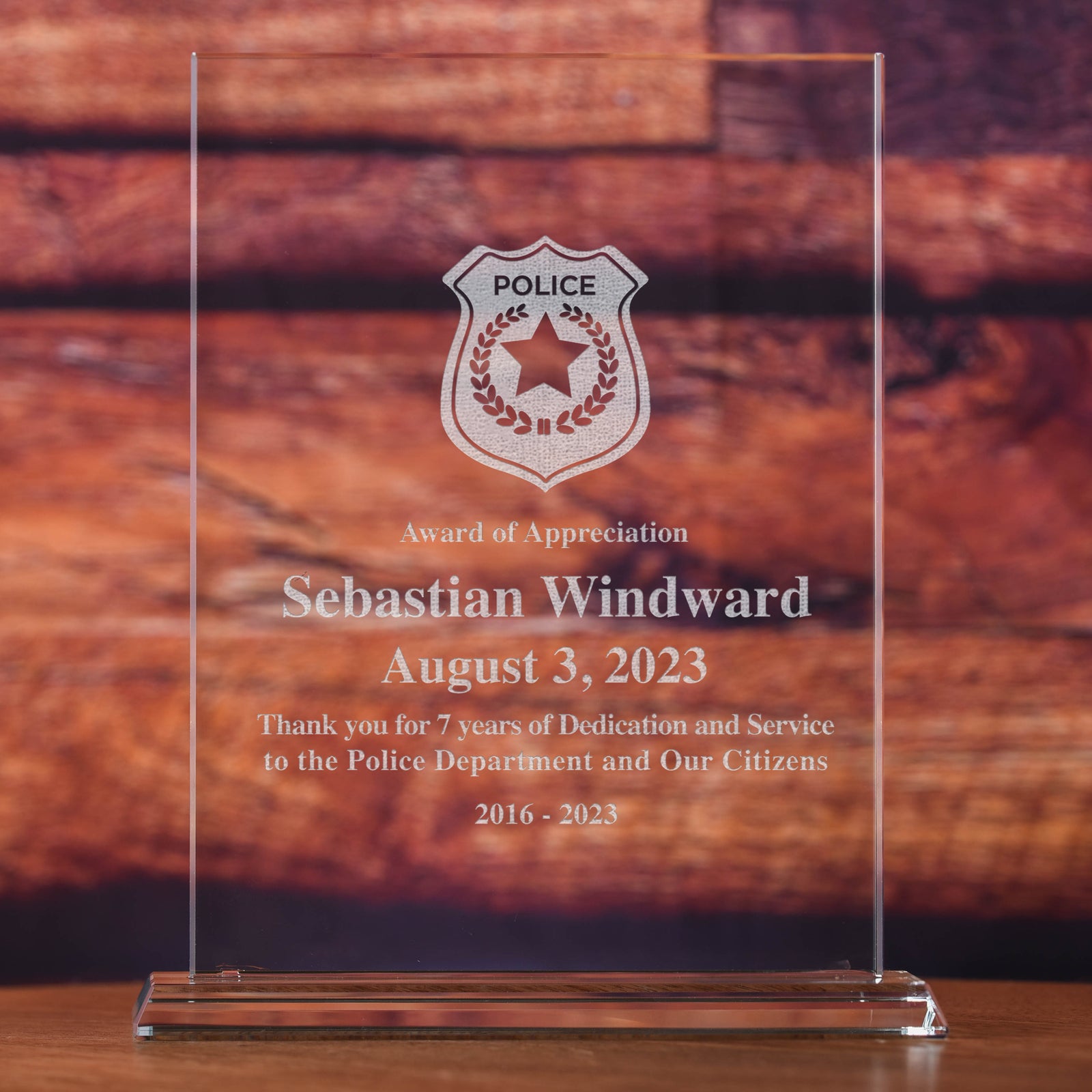 Police Officer, Engraved Glass Desktop Recognition Award