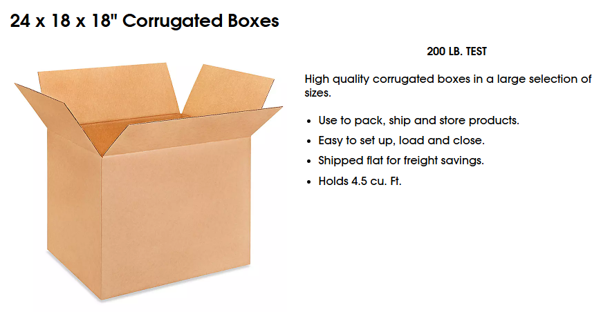 S-4340 24 x 18 x 18" Corrugated Boxes 15/bundle