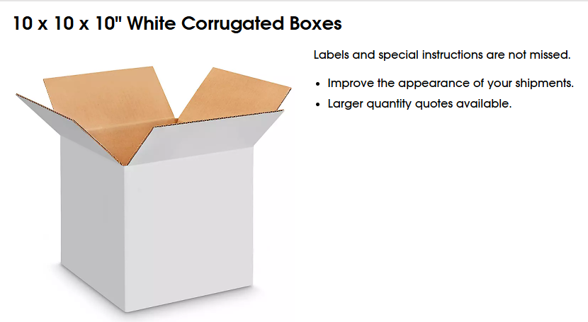 S-4430 - 10 x 10 x 10" White Corrugated Boxes 25/bundle