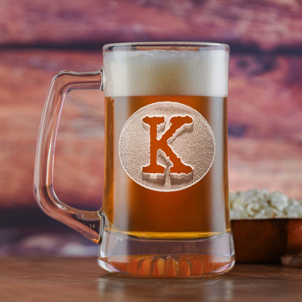 Typewriter Font in Circle, Engraved Beer Mug