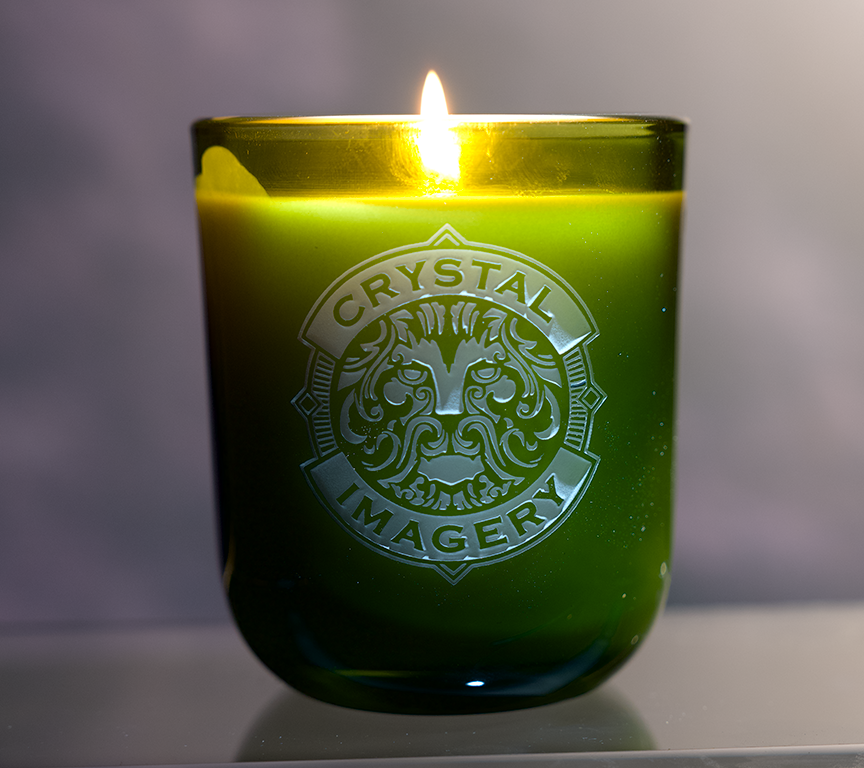 Custom Logo Mediterranean Candle – 10 oz Sandcarved Green Glass Candle