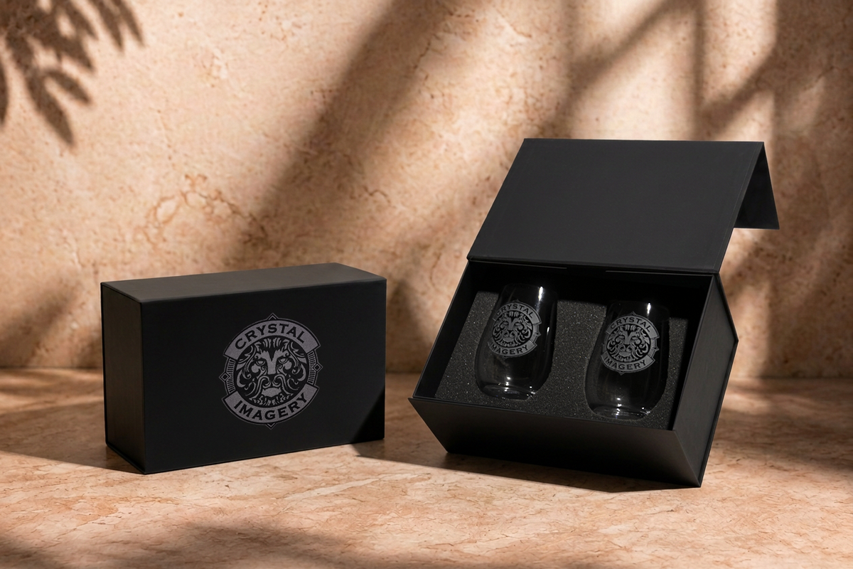 Custom Logo Stemless Wine Glass Gift Set with Custom Gift Box – Set of 2
