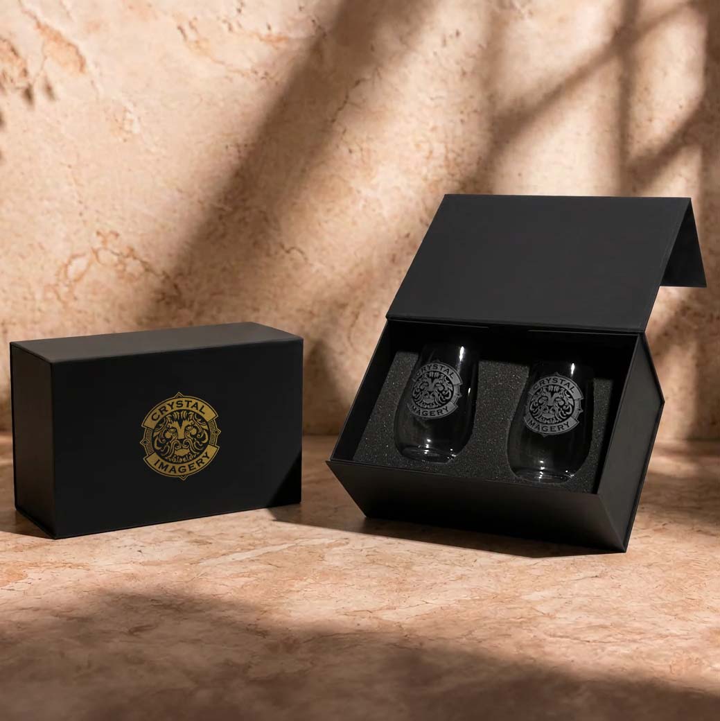 Custom Logo Stemless Wine Glass Gift Set with Custom Gift Box – Set of 2