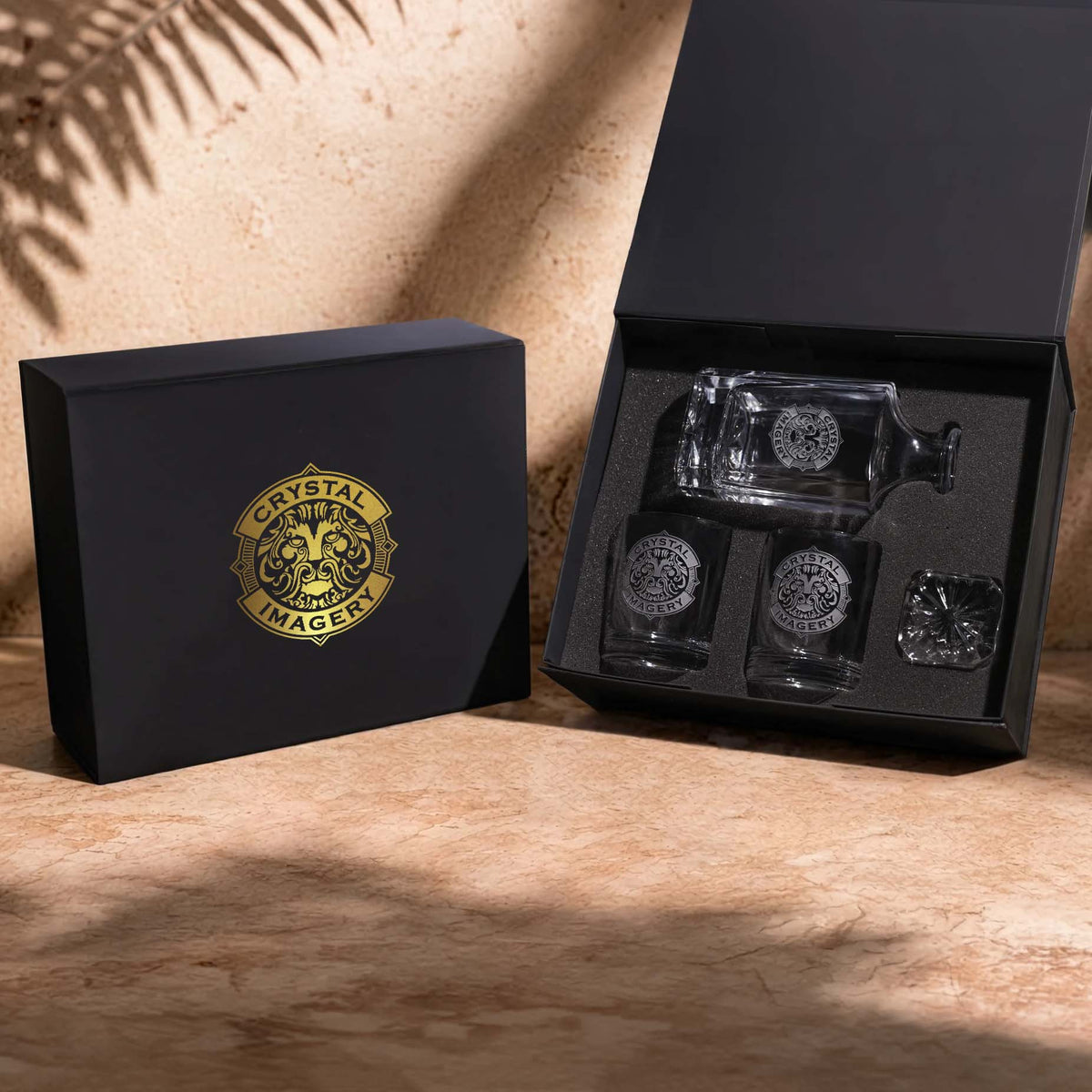 Custom Logo Whiskey Decanter &amp; Rocks Glasses Gift Set with Custom Gift Box – Set of 3