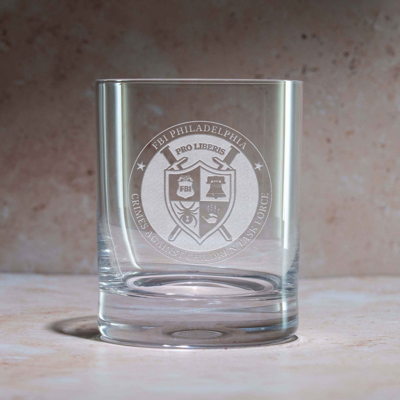 FBI Philadelphia Stolzle Crystal Engraved Whiskey Rocks Glass