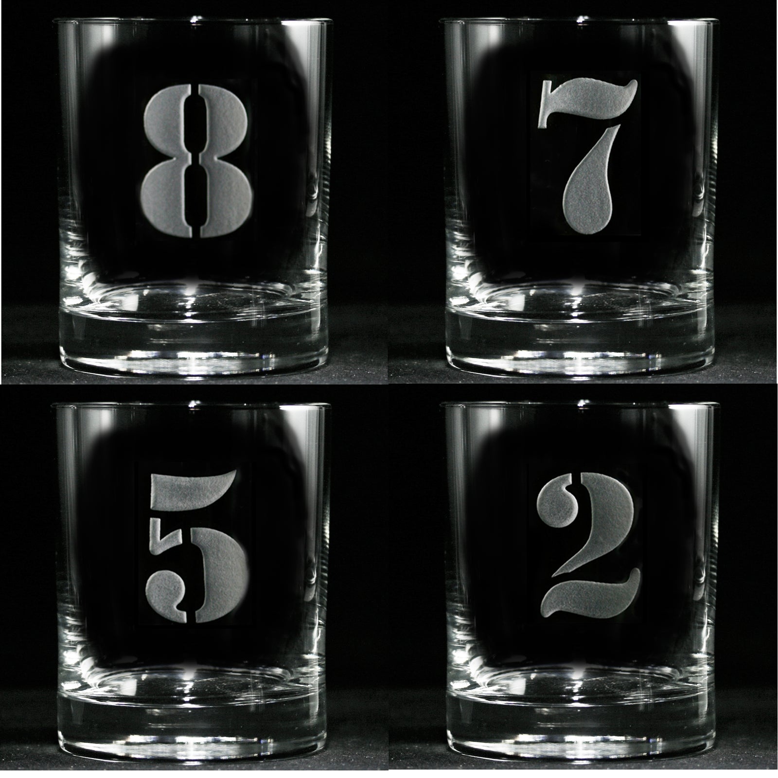 Engraved Numbers, 1-8, Whiskey Glass Set