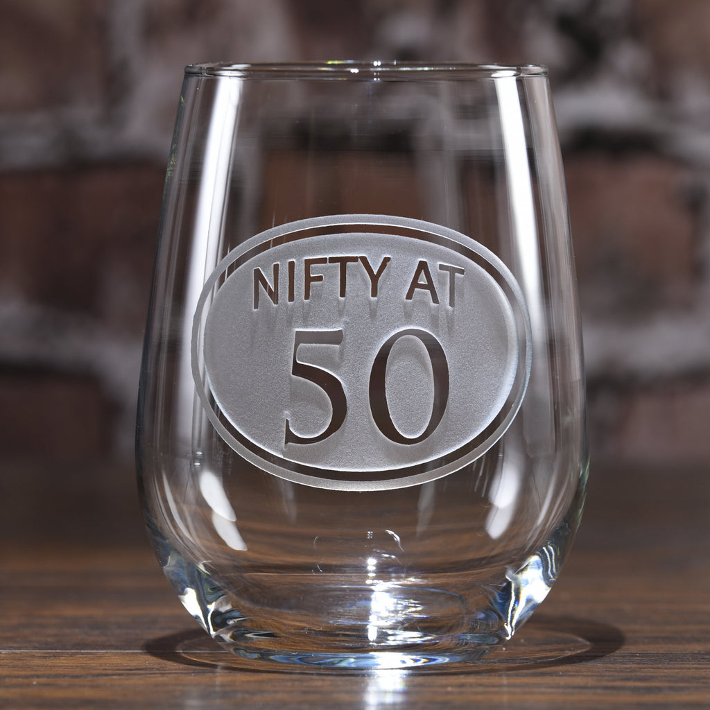 Engraved 50th Birthday Stemless Wine Glass