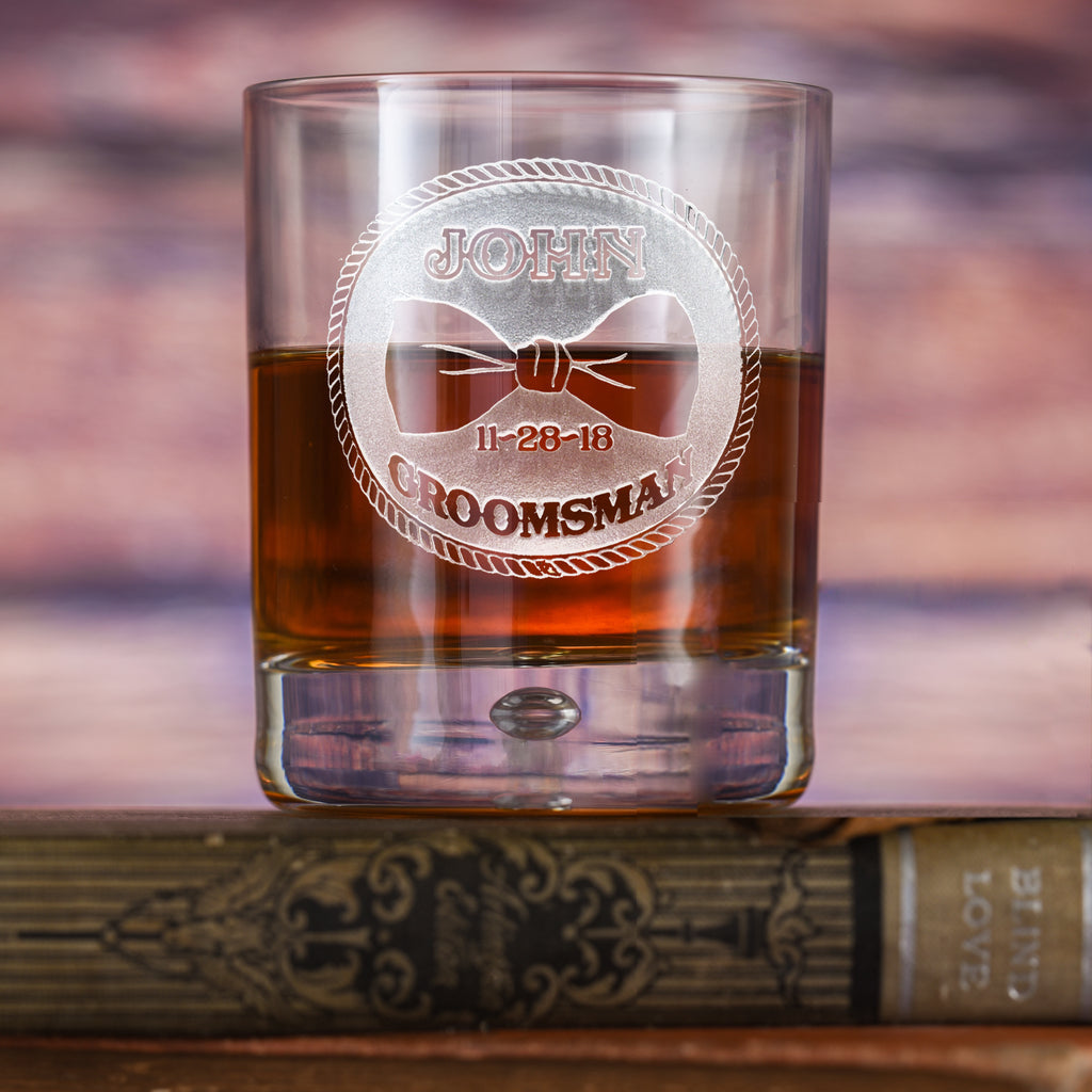 Groomsman Bowtie Rocks Bar Glass
