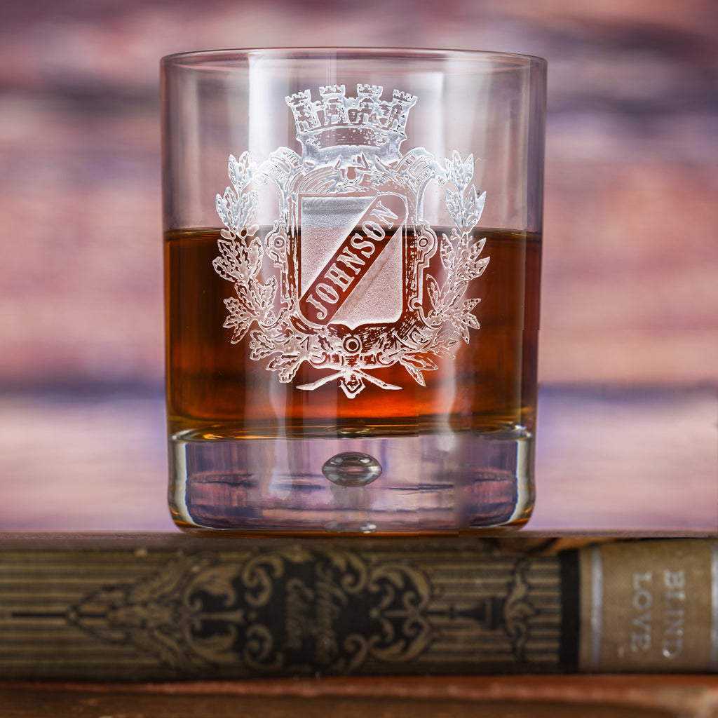 Engraved, Family Crest Coat-of-Arms, Whiskey Bar Glass