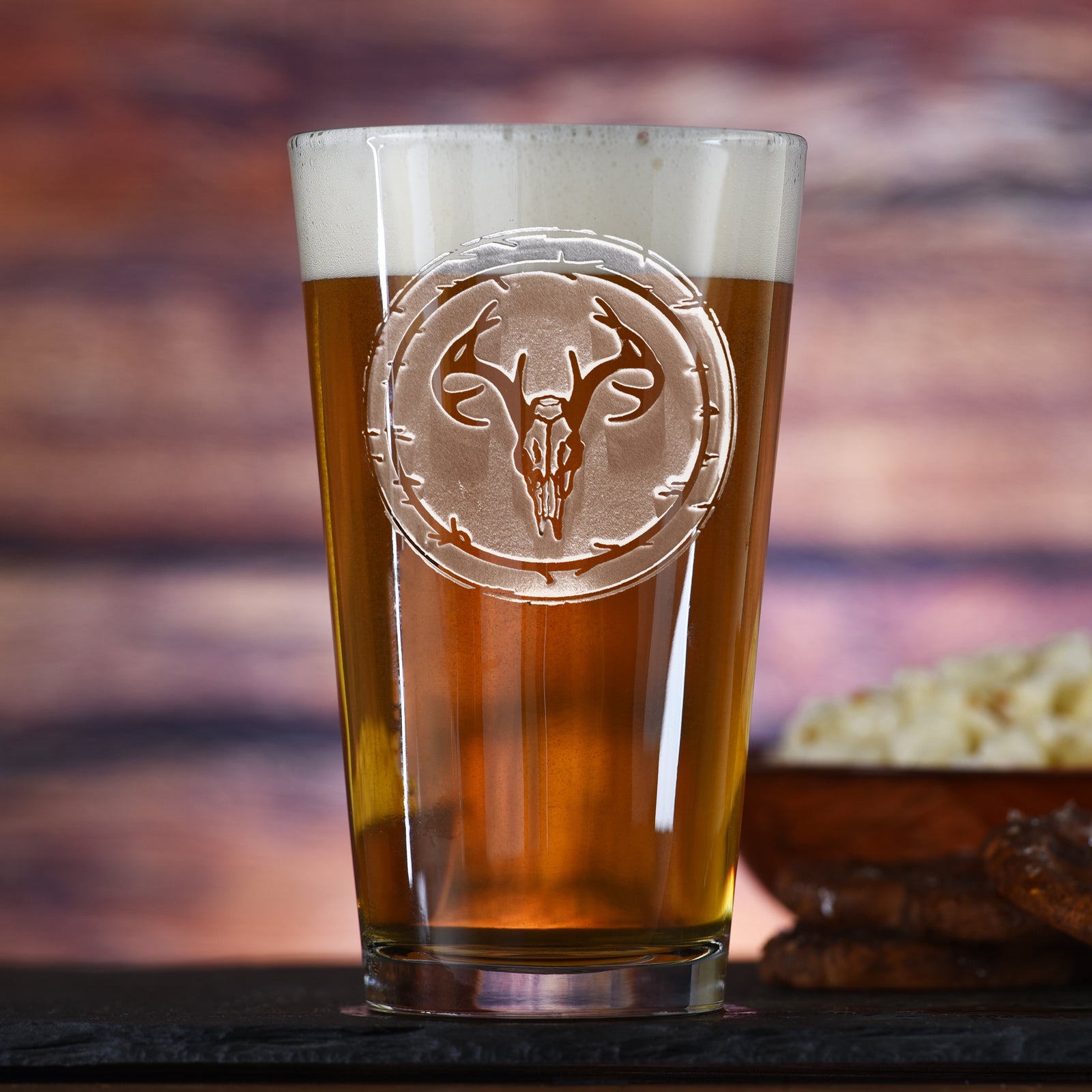 Engraved Deer Skull Pub Glass