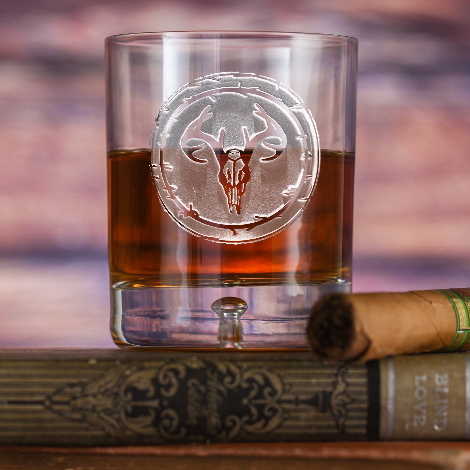 Engraved Deer Skull Whiskey Glass - Crystal