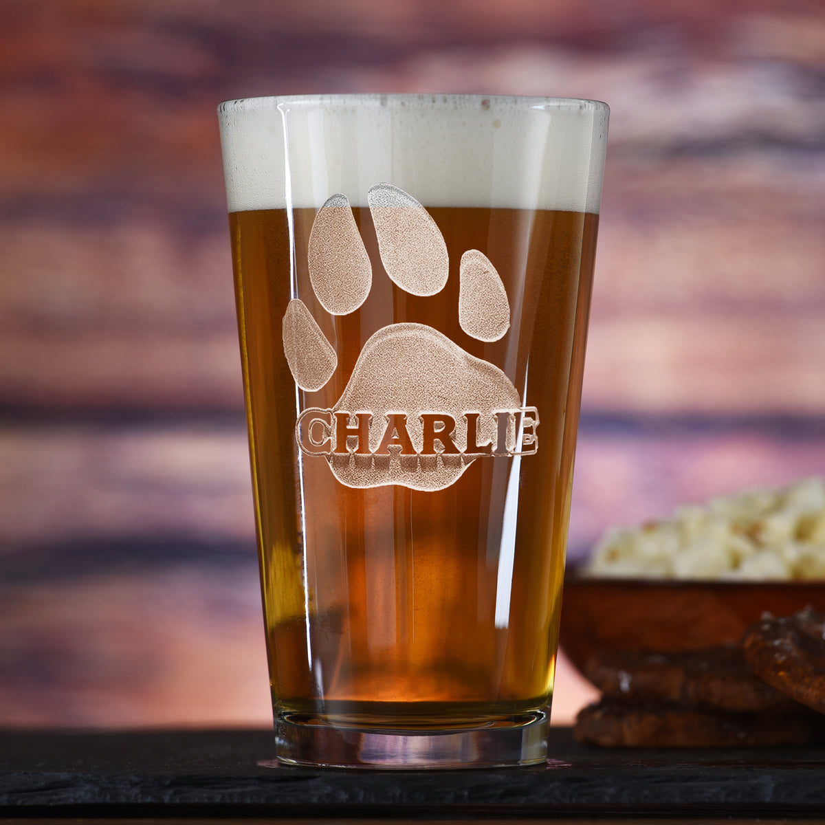 Dogs Name &amp; Paw Print, Engraved Pint Pub Glass - Gift For Pet Lovers