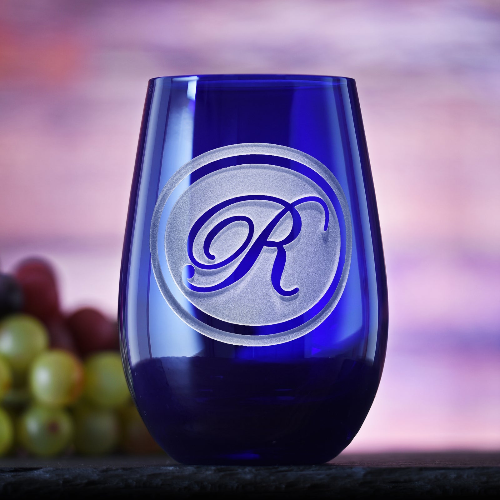 Custom, Etched Blue Stemless Wine Glass Tumbler