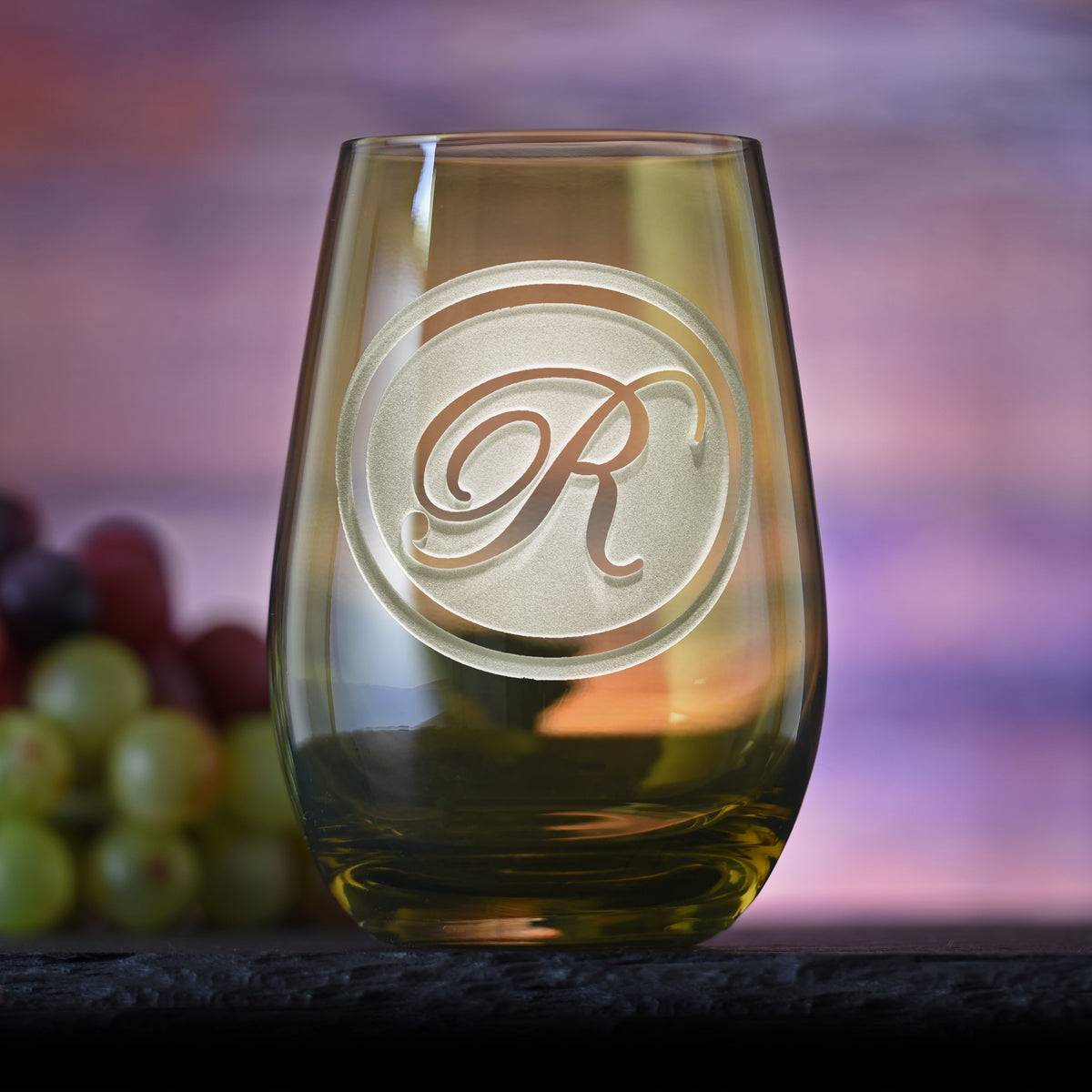 Custom, Etched Green Stemless Wine Glass Tumbler