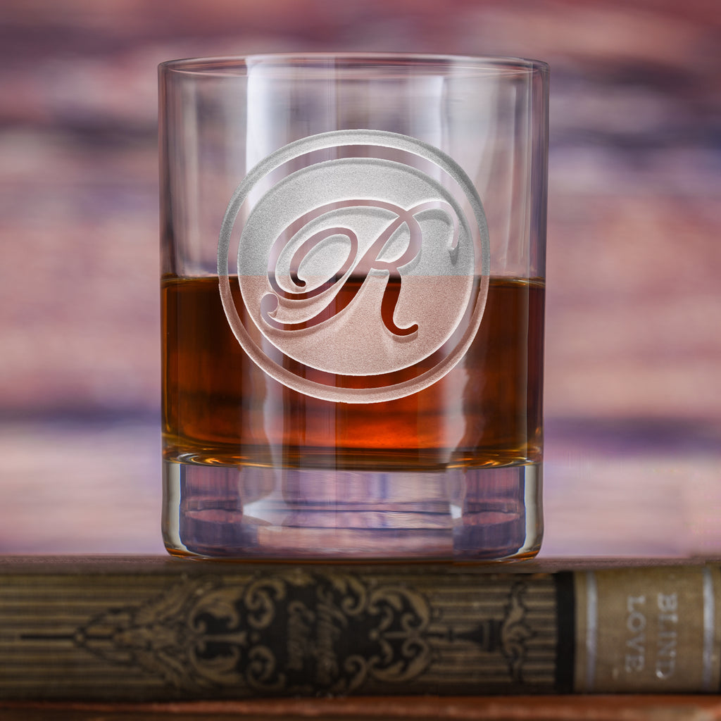 Engraved Stolzle Crystal Rocks, Whiskey Glass