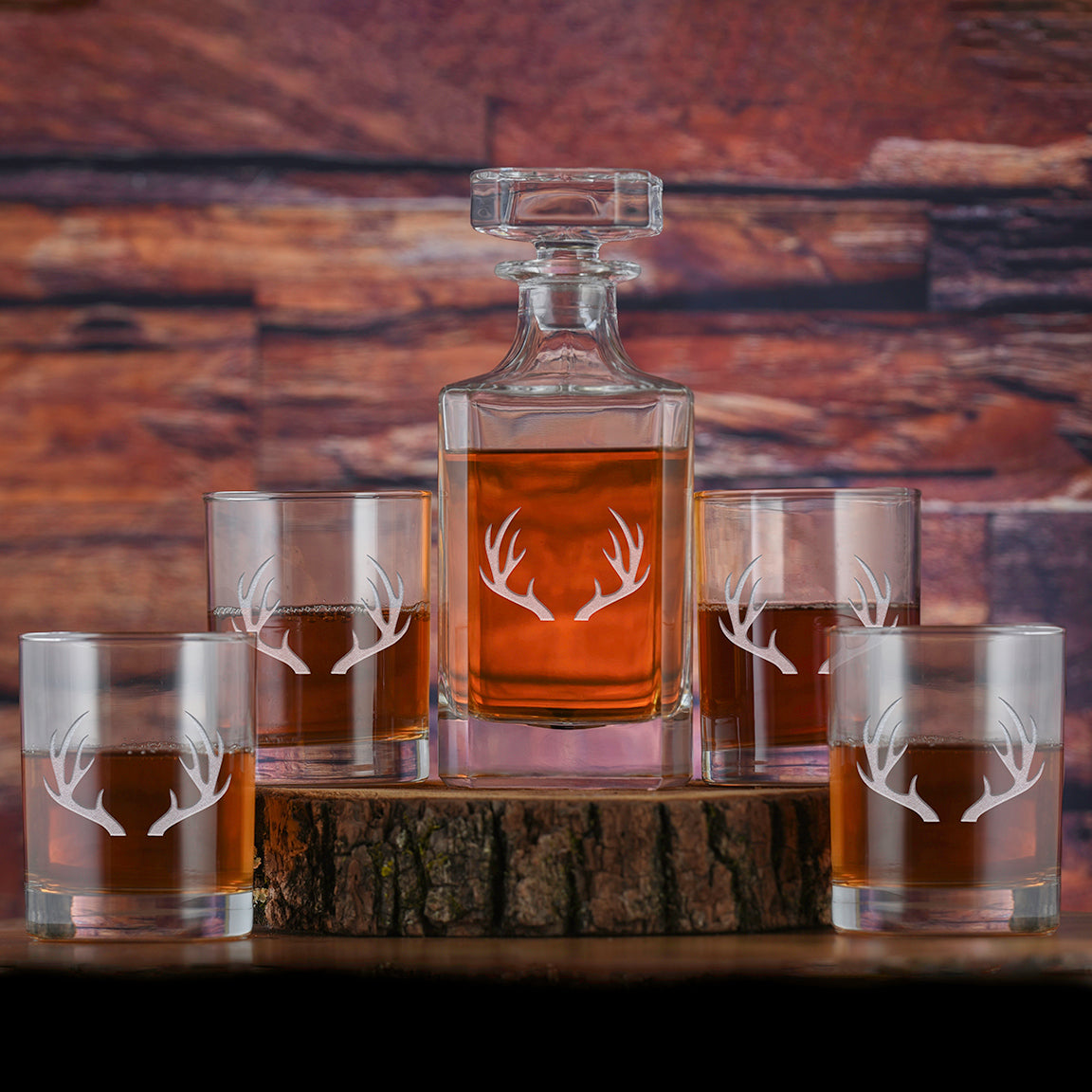 Rustic Antlers Whiskey Decanter &amp; Glasses Gift (Set of 5)