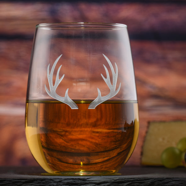 Deep Carved Deer Antlers Stemless Wine Glass