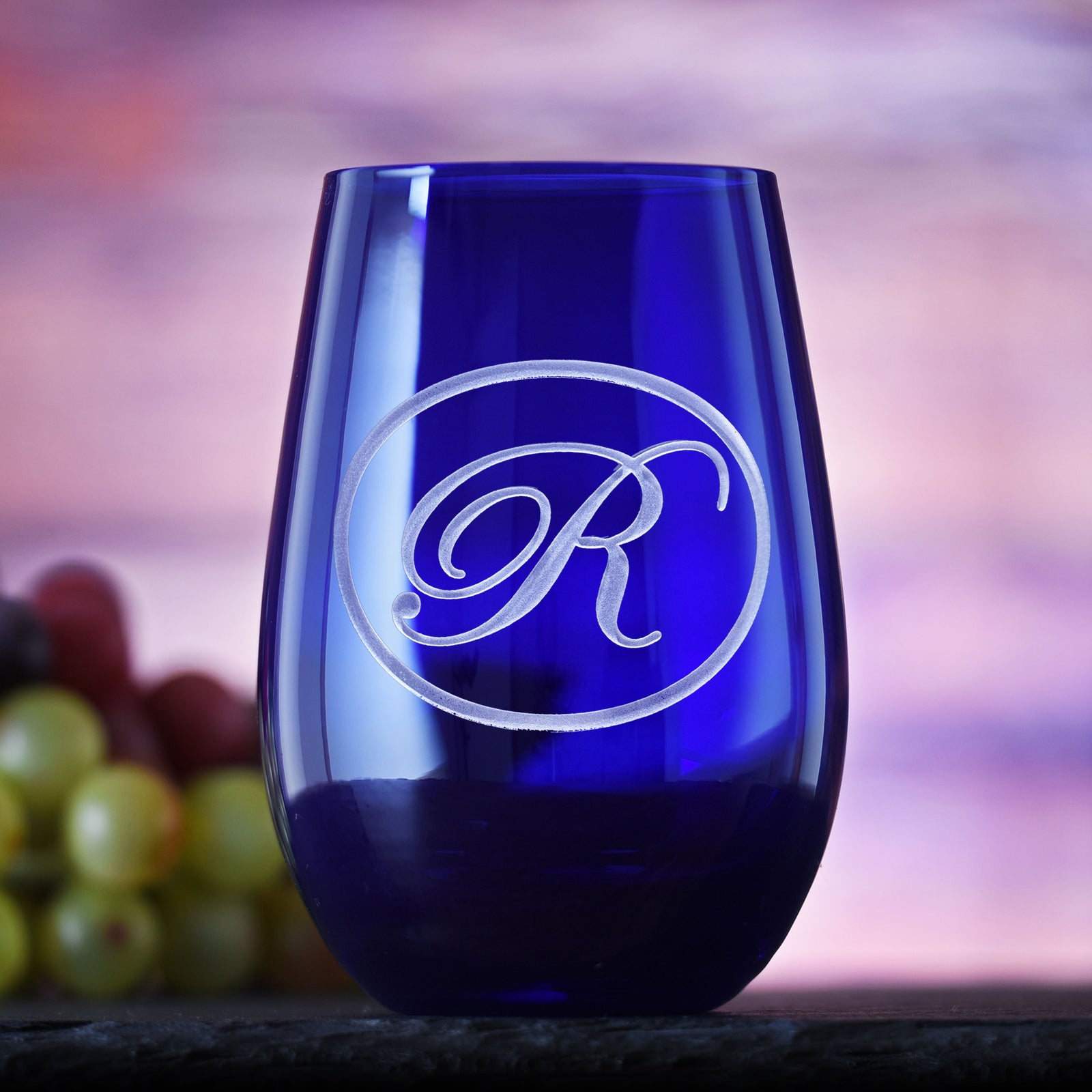 Etched Blue Stemless Wine Glass Tumbler