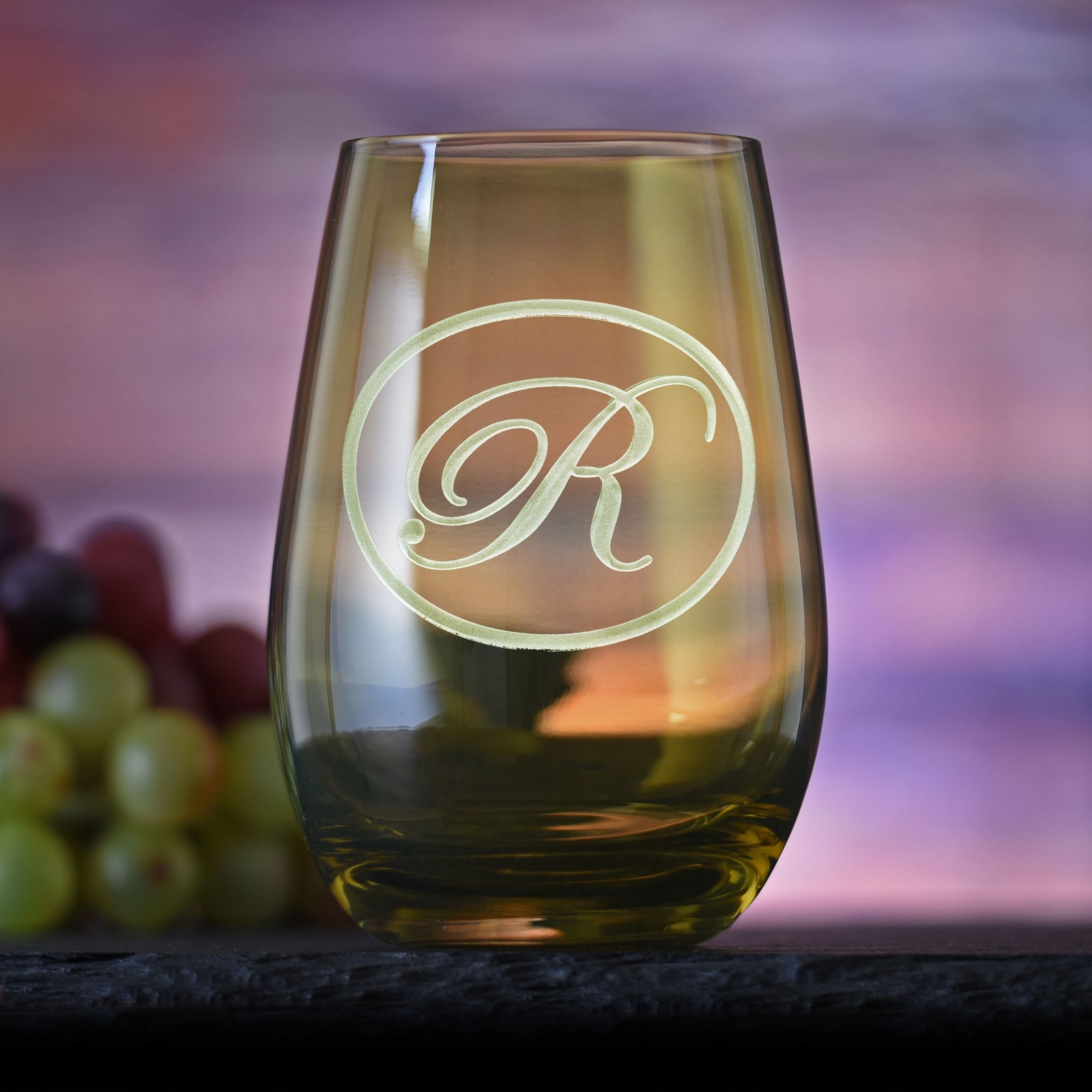 Etched Green Stemless Wine Glass